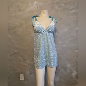 Vtg Victoria's Secret Y2K Blue Velvet Babydoll Mini Dress Satin Bow Strap S